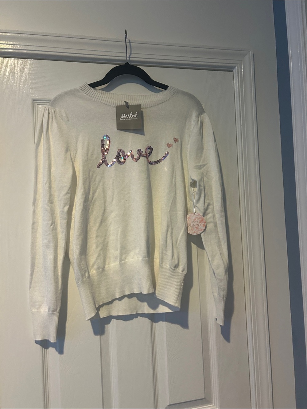 Marled Cream Sequin 'love' Crewneck Sweater